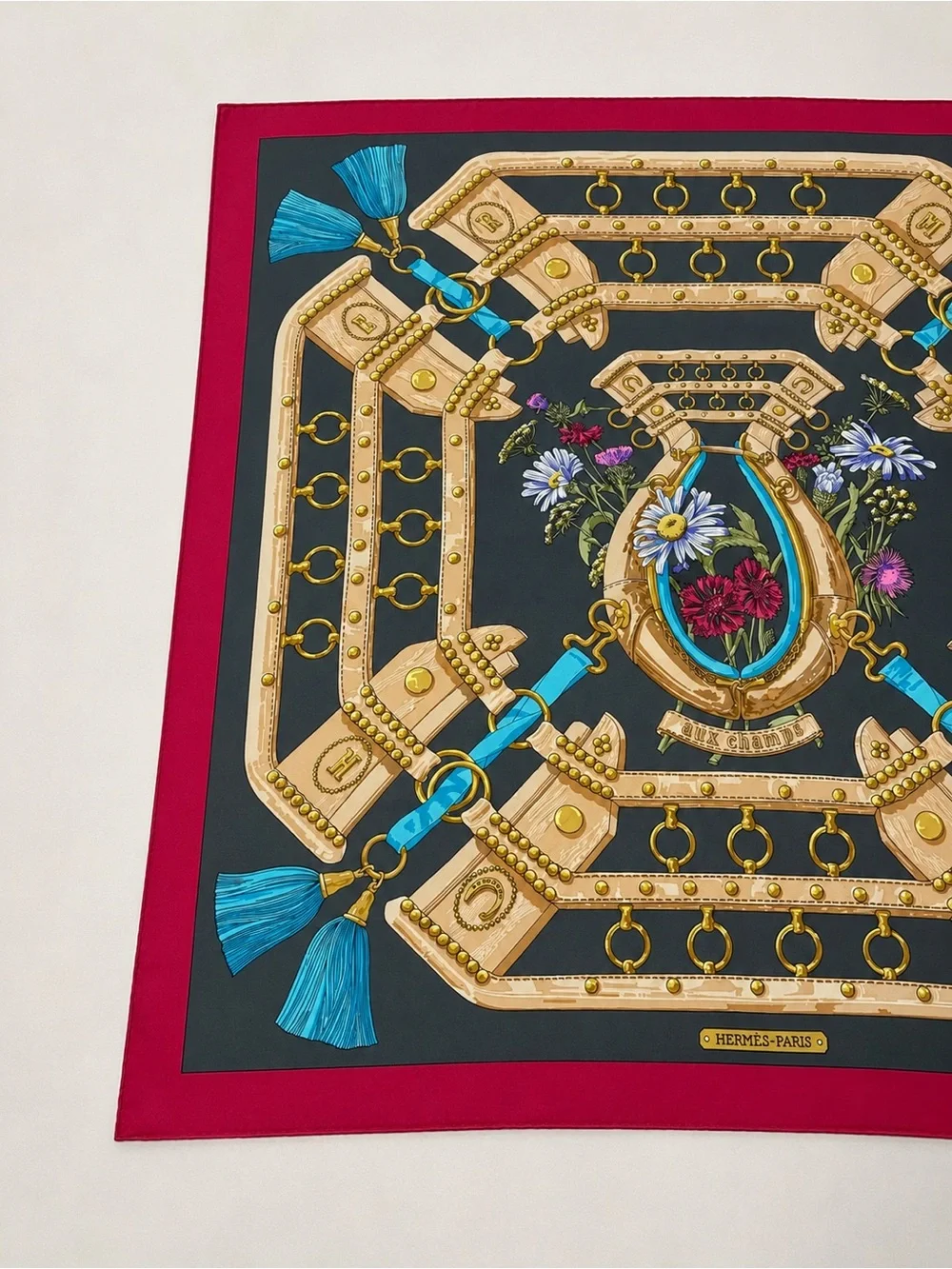 Hermès “Aux Champs” Silk Scarf – Equestrian Floral Design